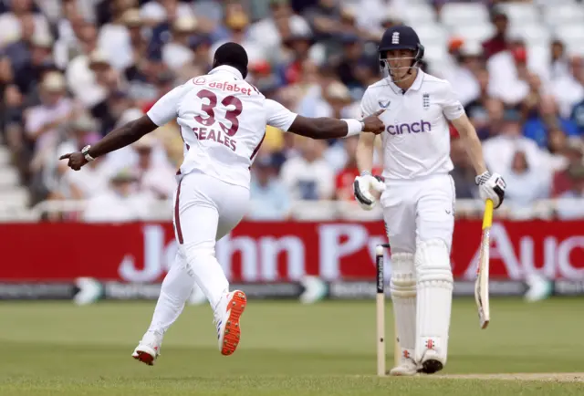 Jayden Seales celebrates the wicket of Harry Brook