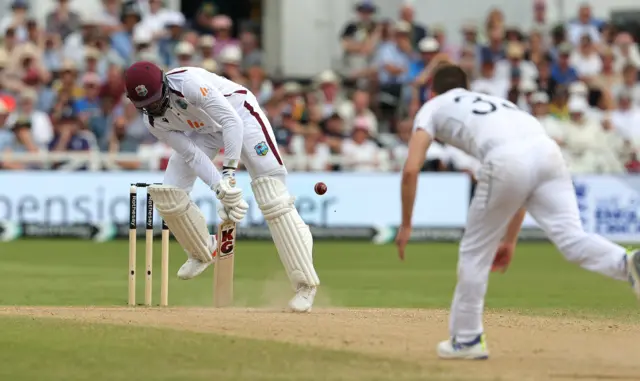 Mikyle Louis of the West Indies is struck on the boot by a delivery from Mark Wood during day four of the 2nd Test Match