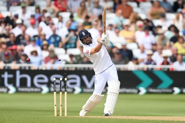 Mark Wood is bowled by Jayden Seales