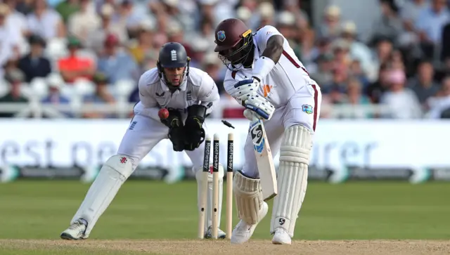 Jason Holder is bowled by Shoaib Bashir