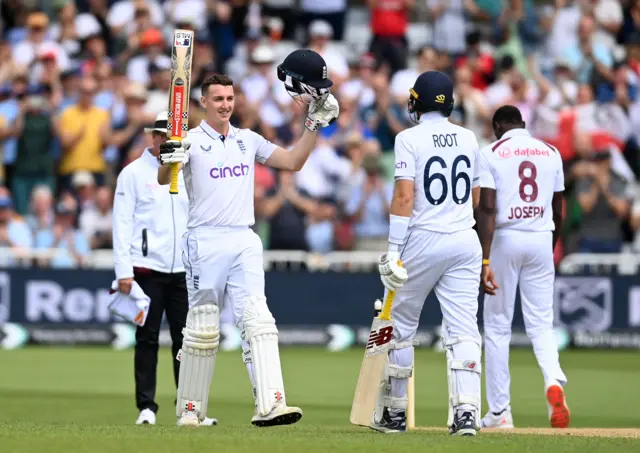 Harry Brook celebrates his century