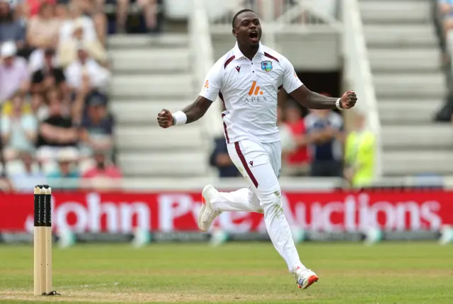 Jayden Seales celebrates the wicket of Harry Brook