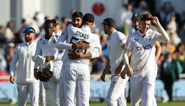 England captain Ben Stokes hugs Shoaib Bashir after the bowler's five-for against West Indies at Trent Bridge