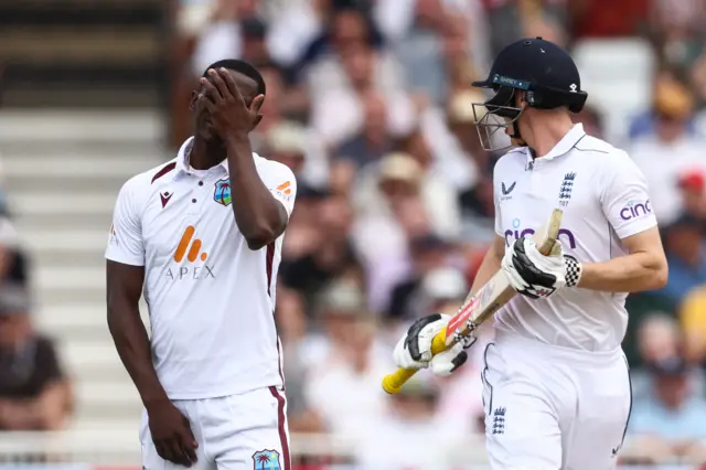 Shamar Joseph reacts as Harry Brook runs