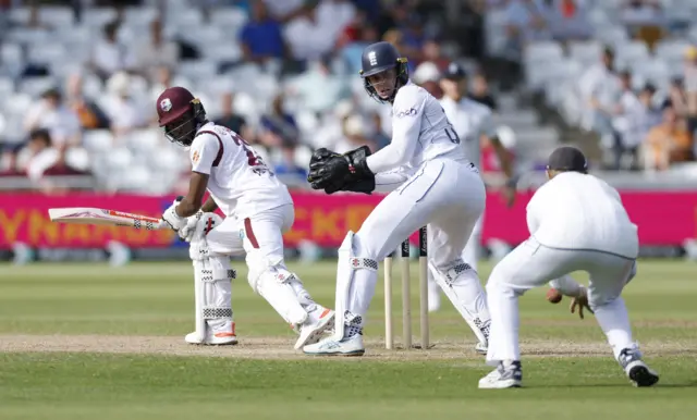 England's Joe Root takes the catch to dismiss West Indies' Alick Athanaze, off the bowling of Shoaib Bashir