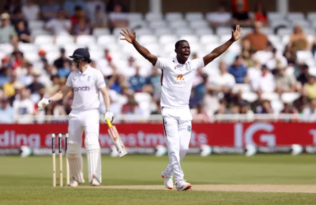 Shamar Joseph appeals for a wicket