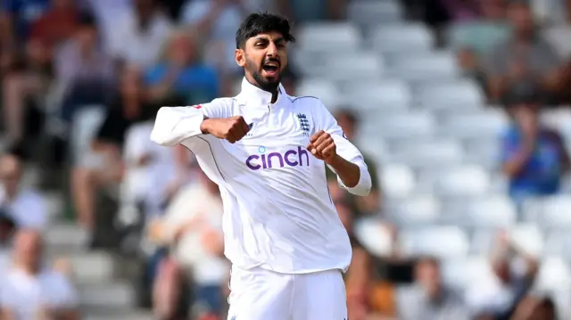 Shoaib Bashir celebrates the wicket of Kavem Hodge