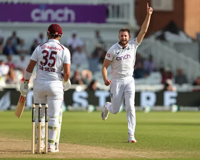 Gus Atkinson celebrates the wicket of Josh Da Silva