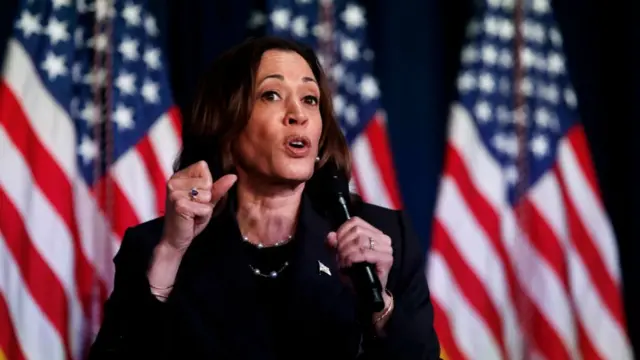 Harris speaks in front of US flags