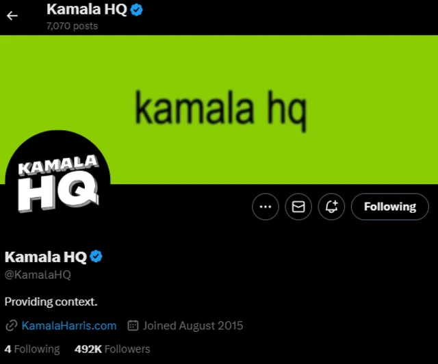 A screenshot of the KamalaHQ X profile