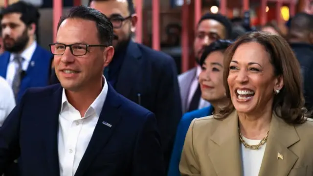 Josh Shapiro and Kamala Harris, pictured earlier this month