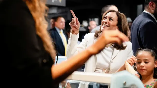 Vice President Kamala Harris attends the opening of a pop-up ice cream shop "Smize & Dream" owned by Tyra Banks, in Washington,