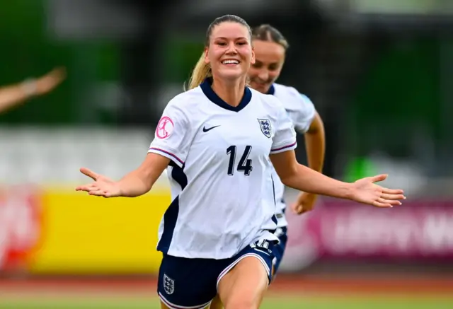 England's Poppy Pritchard celebrates scoring in the group stage of the tournament against France.