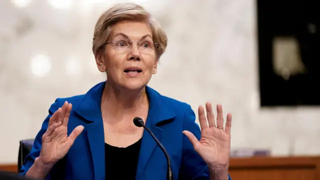 Elizabeth Warren gestures as she speaks