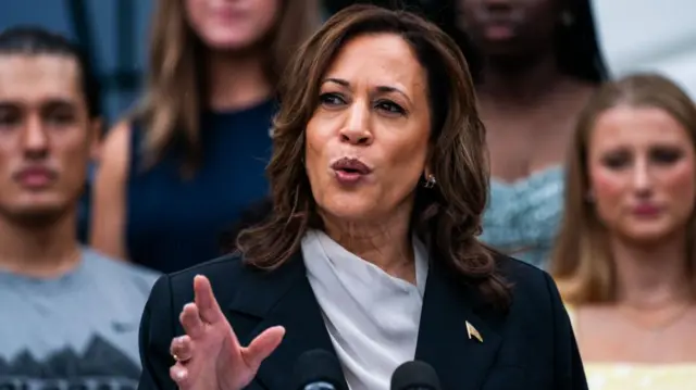 Vice President Kamala Harris speaks during an event with NCAA college athletes on the South Lawn of the White House in Washington, Monday, July 22, 2024.