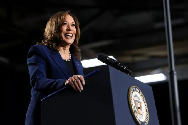 US Vice President Kamala Harris delivers remarks during a campaign event