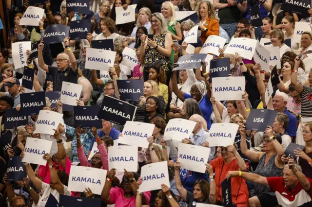 Supporters cheer for US Vice President Kamala Harris during her campaign event at West Allis, Wisconsin,