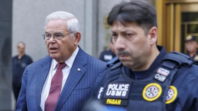 US Senator Bob Menendez of New Jersey leaves United States federal court after the jury ruled he and two others are guilty on all counts in his corruption trial in New York, USA, 16 July 2024.