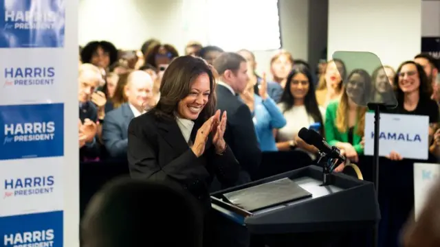 Description US Vice President Kamala Harris smiles as she speaks at her Presidential Campaign headquarters in Wilmington