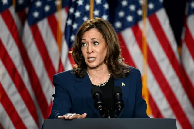 US Vice President Kamala Harris delivers remarks during a campaign event at West Allis Central High School, in West Allis, Wisconsin