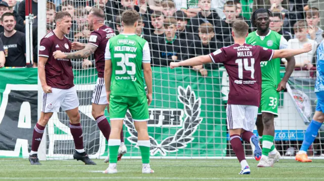 Callum Flatman celebrates his goal against Hibernian for Kelty Hearts