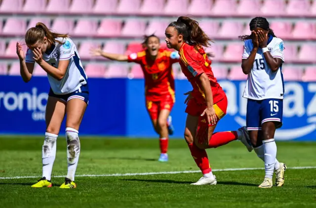 Daniela Arques celebrates after scoring Spain's third goal against England