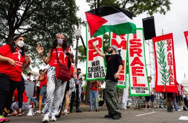 Protesters against the war in Gaza and US weapons sales to Israel gather outside the US Capitol