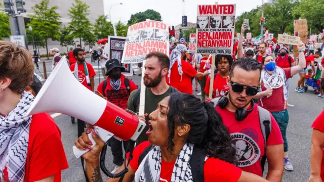 Protesters against the Israeli operations in Gaza and US weapons sales to Israel gather on the day of the visit of Prime Minister of Israel Benjamin Netanyahu on Capitol Hill