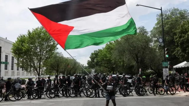 Protester waves Palestine flag