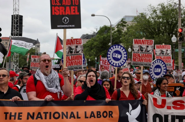 Demonstrators gather on the day of Benjamin Netanyahu's address to a joint meeting of Congress