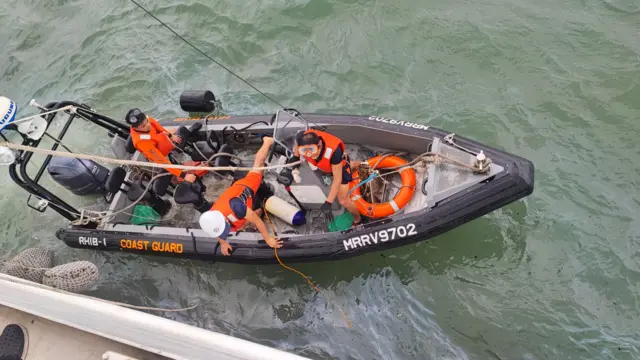 Coast guard rescue team in boat on water