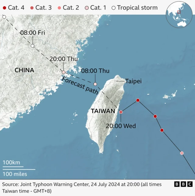 A map showing the predicted path of Typhoon Gaemi