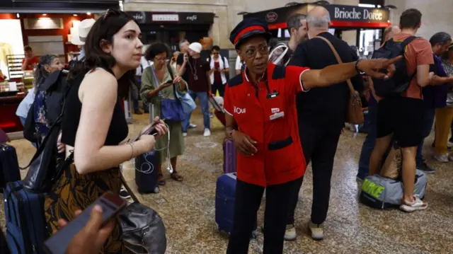 Gare de Bordeaux Saint-Jean, Bordeaux, France - July 26, 2024. Passengers and staff inside Gare de Bordeaux Saint-Jean station after threats against France's high-speed TGV network, ahead of the Paris 2024 Olympics opening ceremony