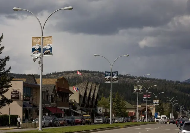 The highway runs through the middle of town in this 2009 Jasper National Park, Canada