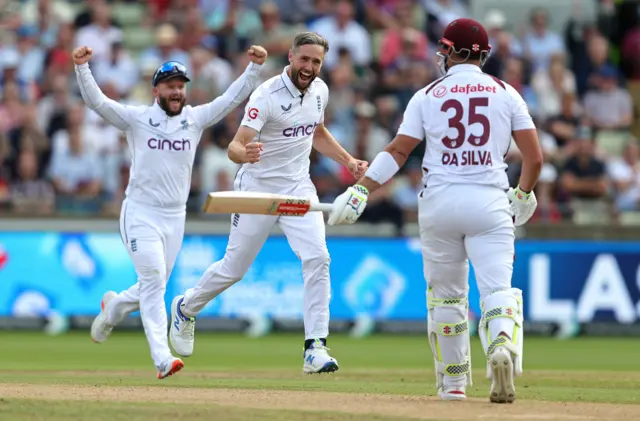 Chris Woakes celebrates the wicket of Josh Da Silva