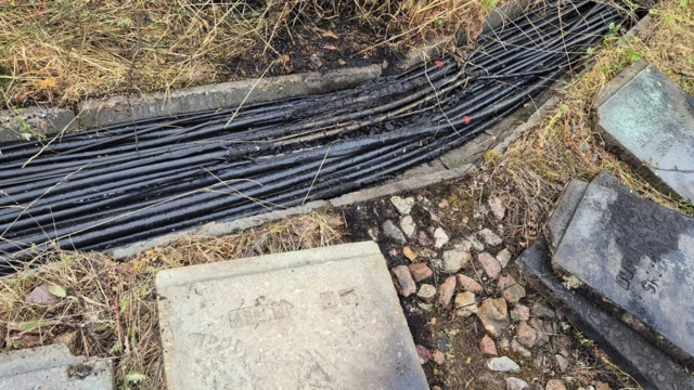 Charred blak cables in a gulley