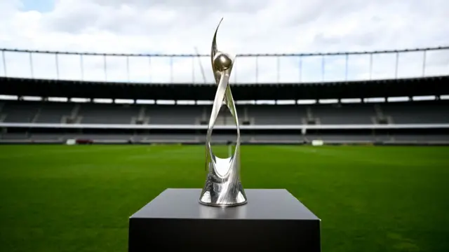 The UEFA Women's Under 19 European Championship trophy on a podium at Darius & Girenas Stadium in Kaunas, Lithuania - where the final will be taking place.