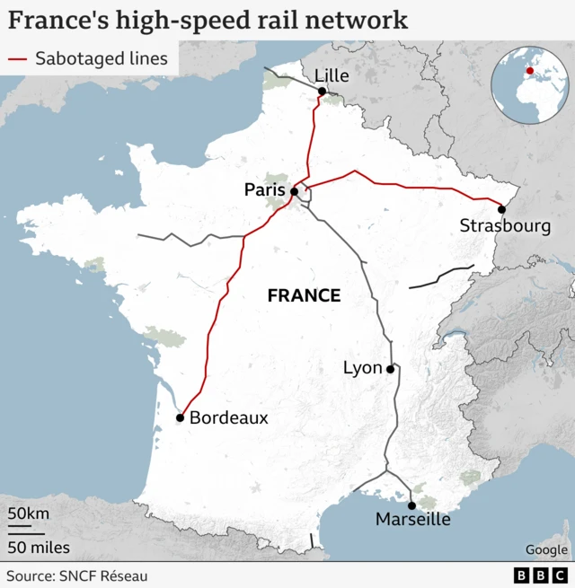 Map showing train routes impacted in France