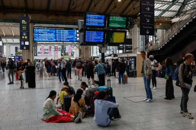 People sitting on the floor at a train station