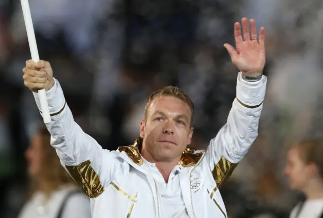 Sir Chris Hoy leads Team GB into the stadium during the Opening Ceremony of the London 2012 Olympic Games