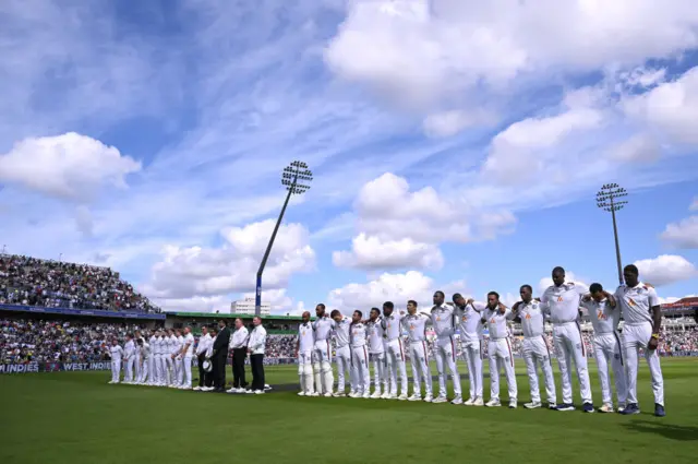 England and West Indies for the national anthems at the third Test at Edgbaston