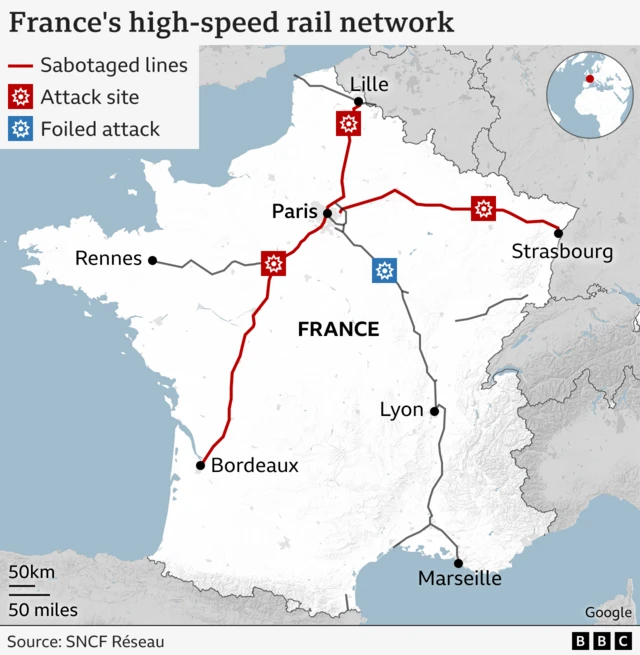 A map showing the three train routes in France facing disruption.