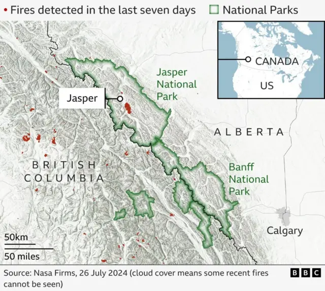 A map showing fire locations in Alberta, and British Columbia, Canada