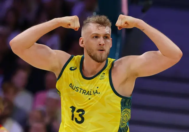 Jock Landale of Australia in men's basketball at 2024 Paris Olympics