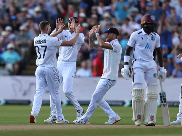 Gus Atkinson celebrates a wicket