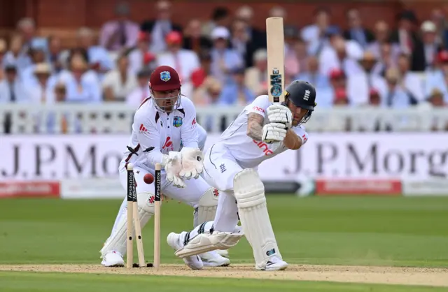 Ben Stokes is bowled by Gudakesh Motie