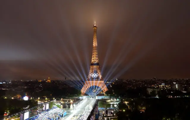 The Eiffell Tower lit up during the Paris 2024 Olympic opening ceremony