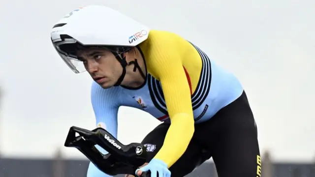 Belgian cyclist Wout van Aert pictured in action during the men's time trial event at the Paris 2024 Olympic Games, on Saturday 27 July 2024 in Paris, France