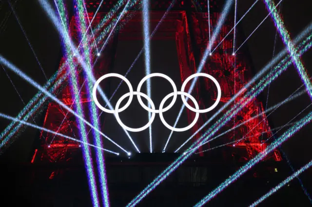 The Olympic rings on the Eiffel Tower during the opening ceremony