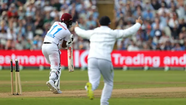 Kraigg Brathwaite is bowled by Chris Woakes